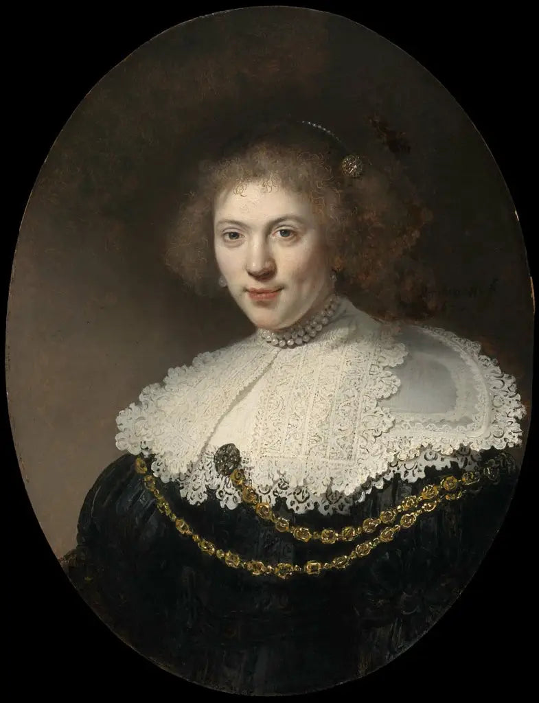 Reproduction du tableau « Portrait d'une femme portant une chaîne en or - Rembrandt » par Alpha Reproduction en peinture à l’huile