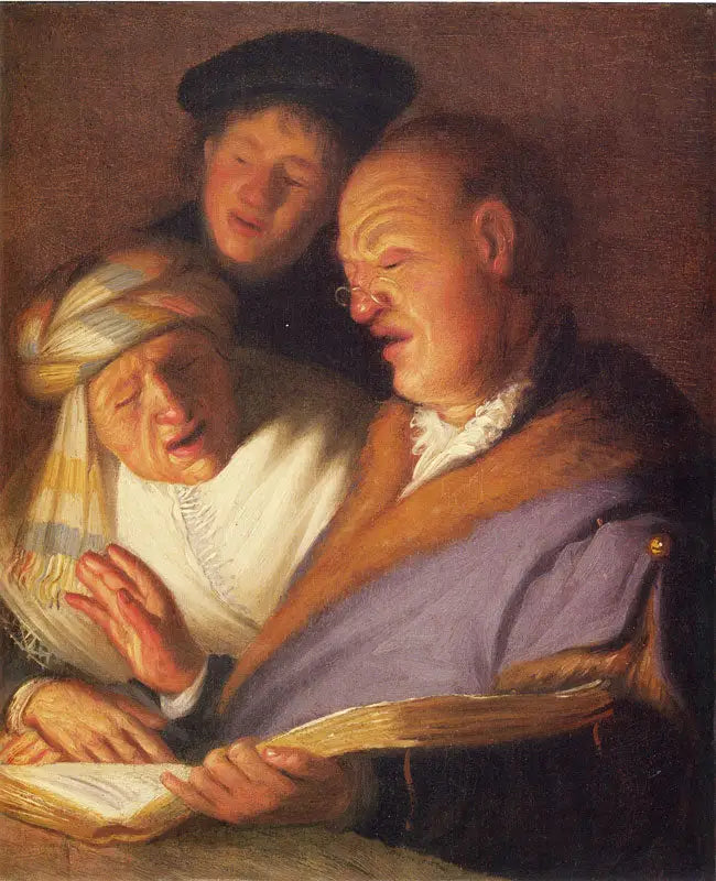 Reproduction du tableau « Trois chanteurs (Allégorie de l'ouïe) - Rembrandt » par Alpha Reproduction en peinture à l’huile