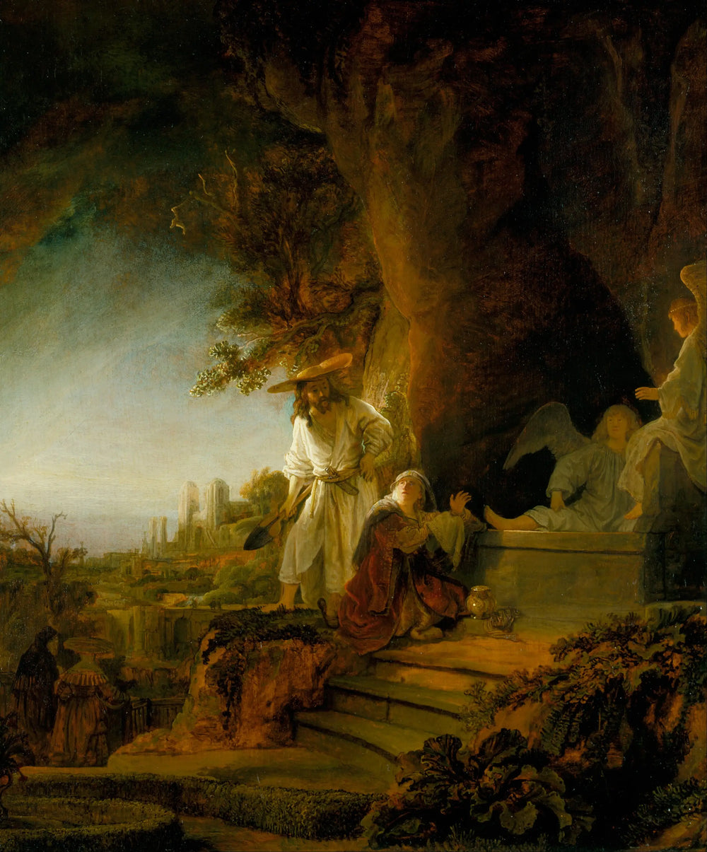 Reproduction du tableau « Le Christ apparaissant en jardinier à Marie-Madeleine - Rembrandt » par Alpha Reproduction en peinture à l’huile