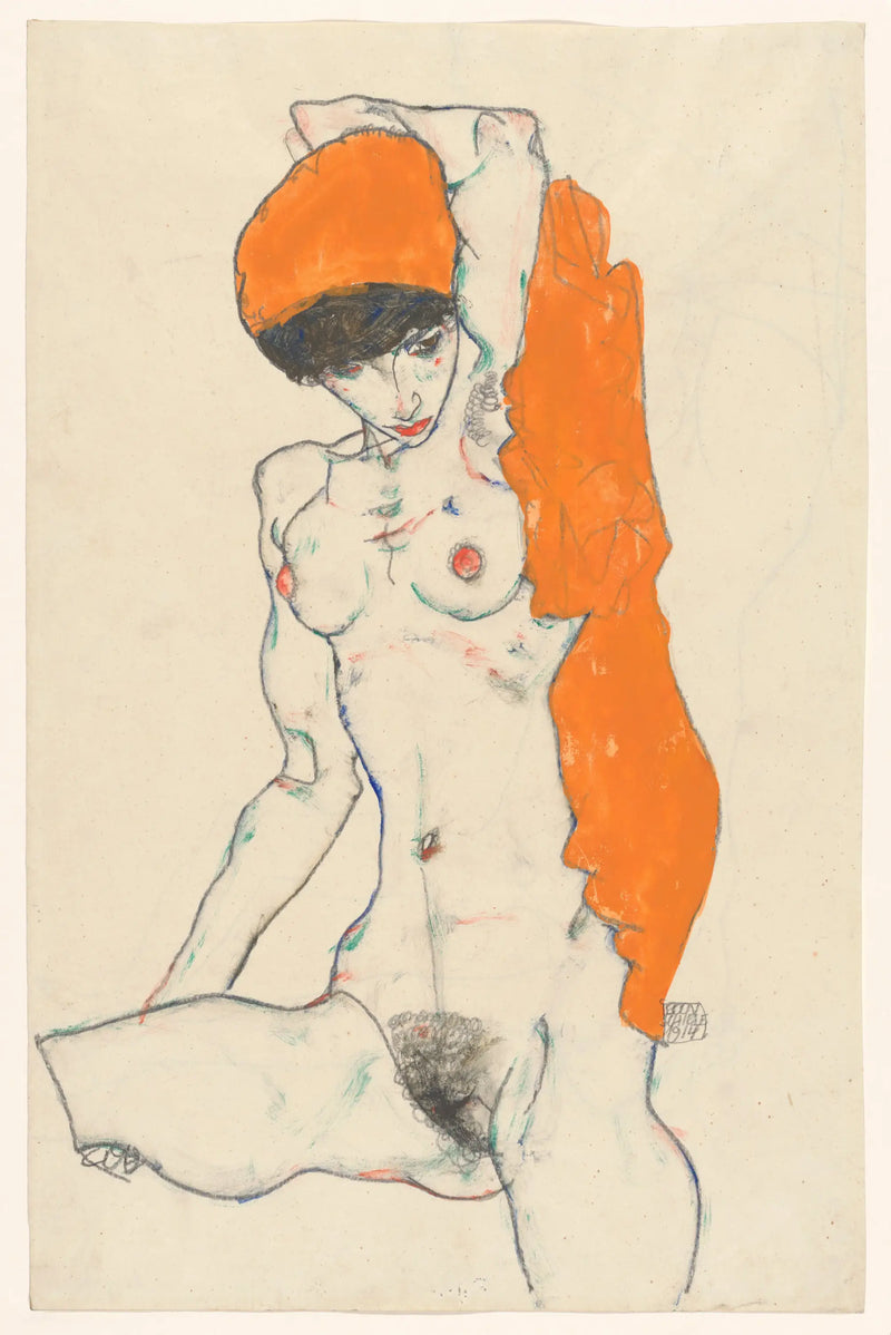 Nu debout avec drapé orange - Egon Schiele