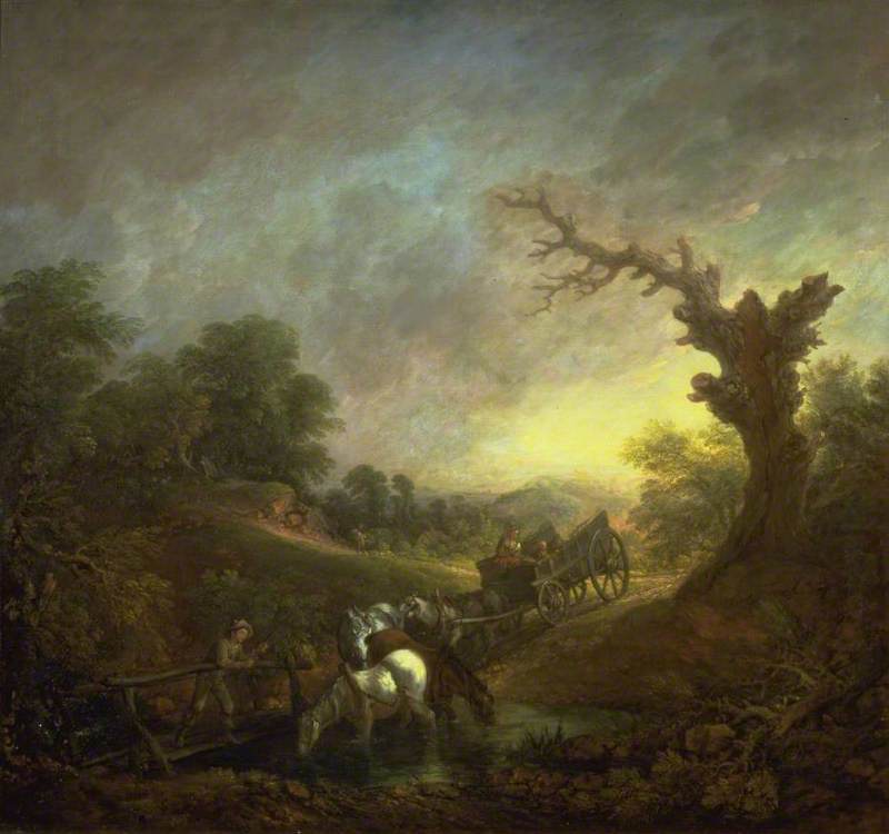 Coucher de soleil : Chevaux de trait buvant au bord d'un ruisseau - Thomas Gainsborough