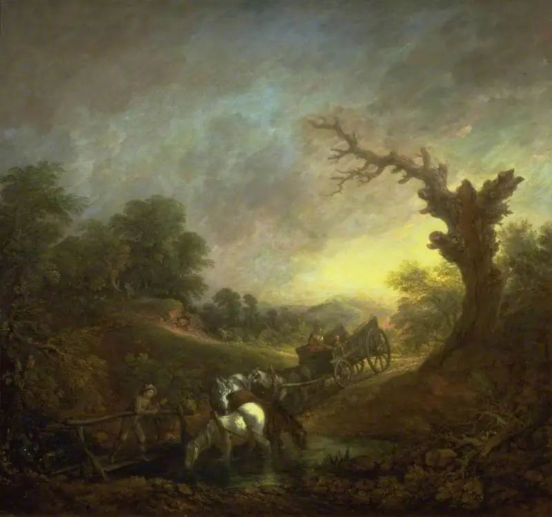 Coucher de soleil: Chevaux de trait buvant au bord d’un ruisseau - Thomas Gainsborough - Alpha Reproduction