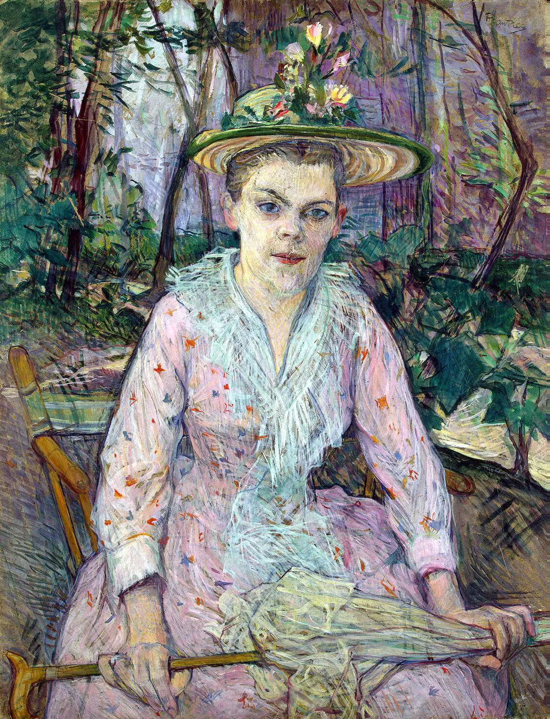 Reproduction du tableau « Femme à l'ombrelle, dite Berthe la Sourde, assise dans le jardin de M. Forest - Henri de Toulouse-Lautrec » par Alpha Reproduction en peinture à l’huile
