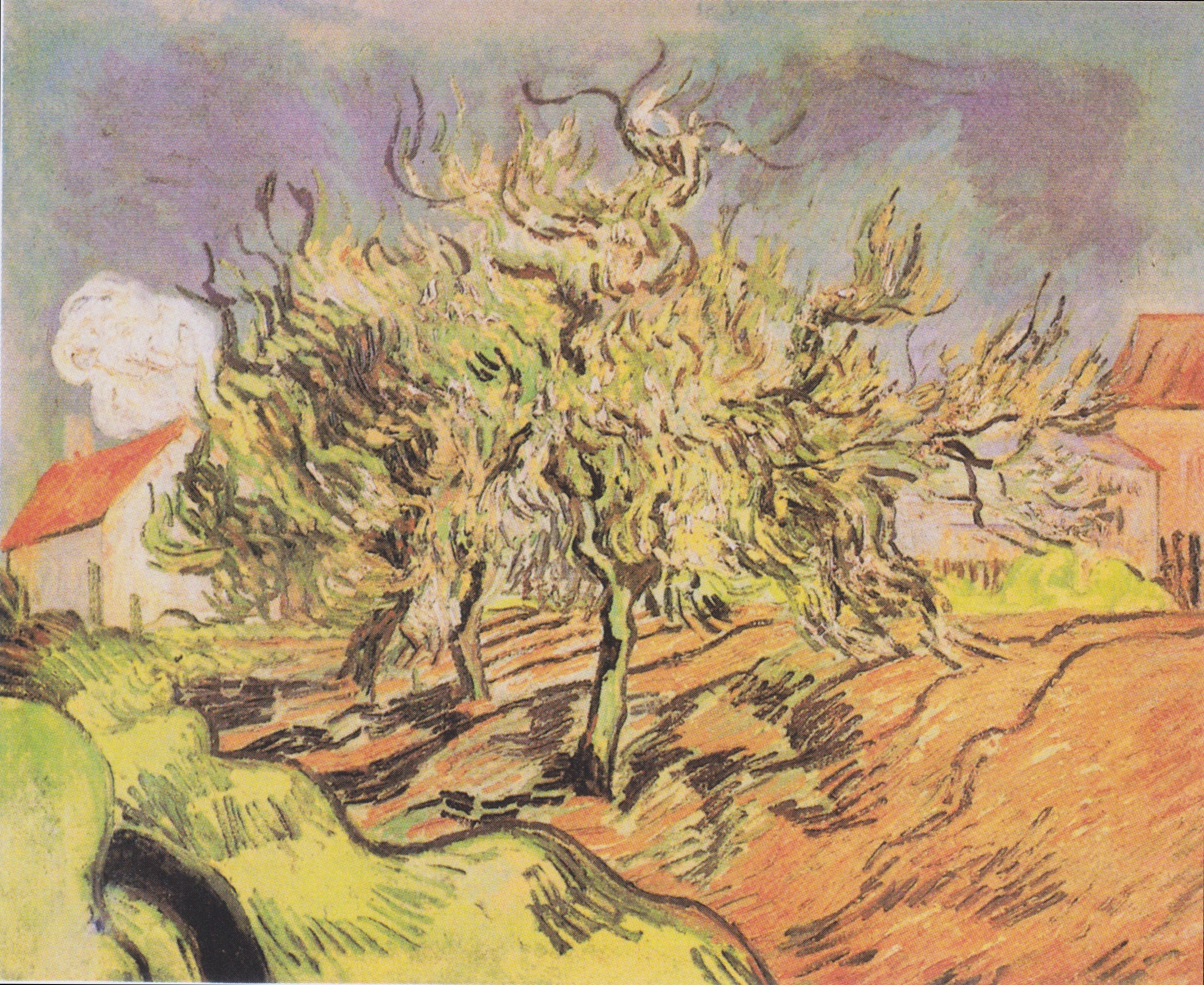 Reproduction du tableau « Paysage avec trois arbres et des maisons - Vincent van Gogh » par Alpha Reproduction en peinture à l’huile