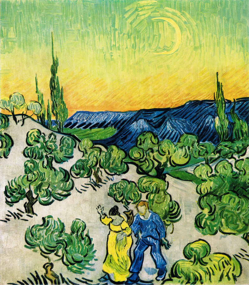 Paysage avec un couple de marche et un croissant de lune - Vincent van Gogh