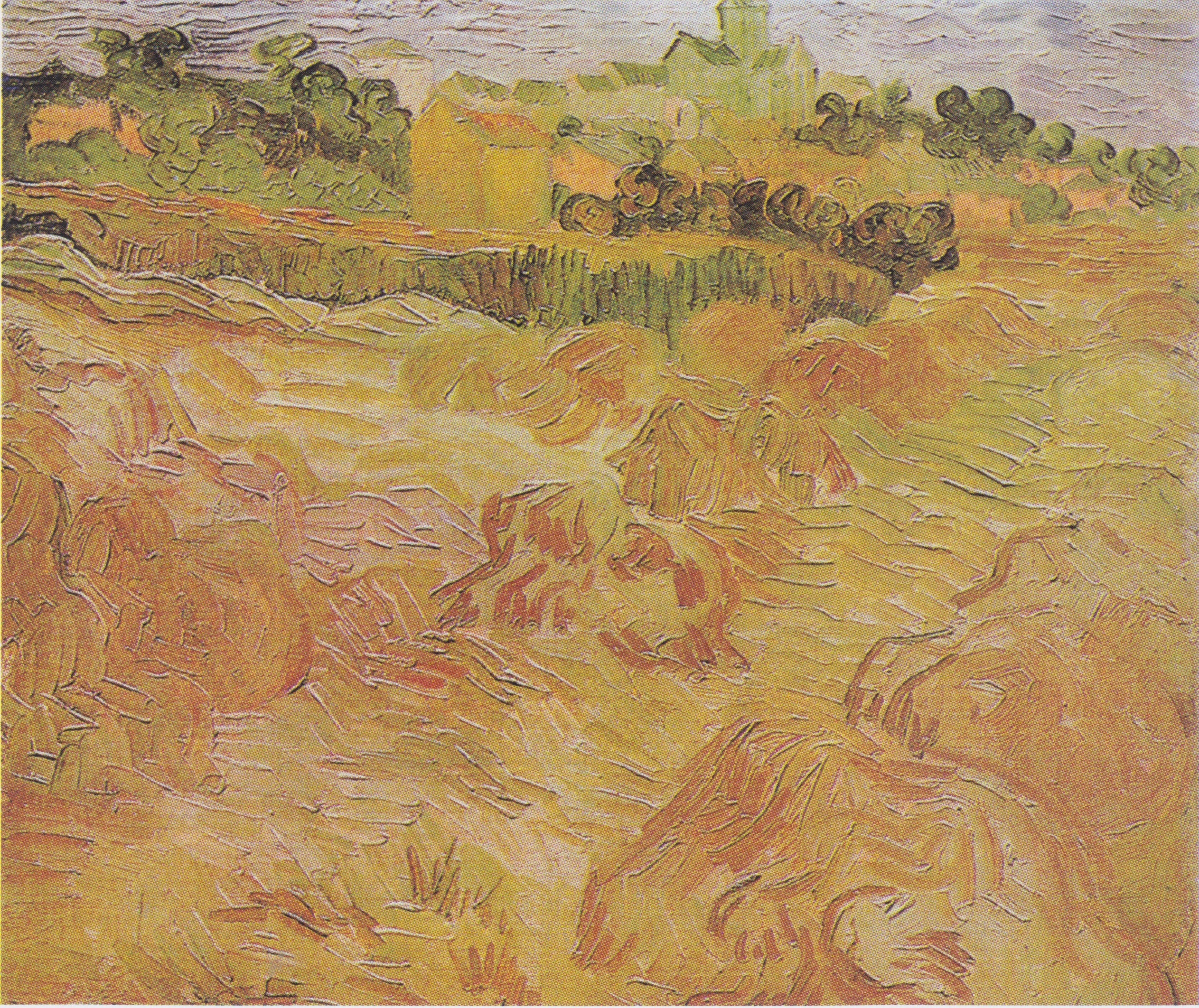 Reproduction du tableau « Champs de blé avec Auvers en arrière-plan - Vincent van Gogh » par Alpha Reproduction en peinture à l’huile