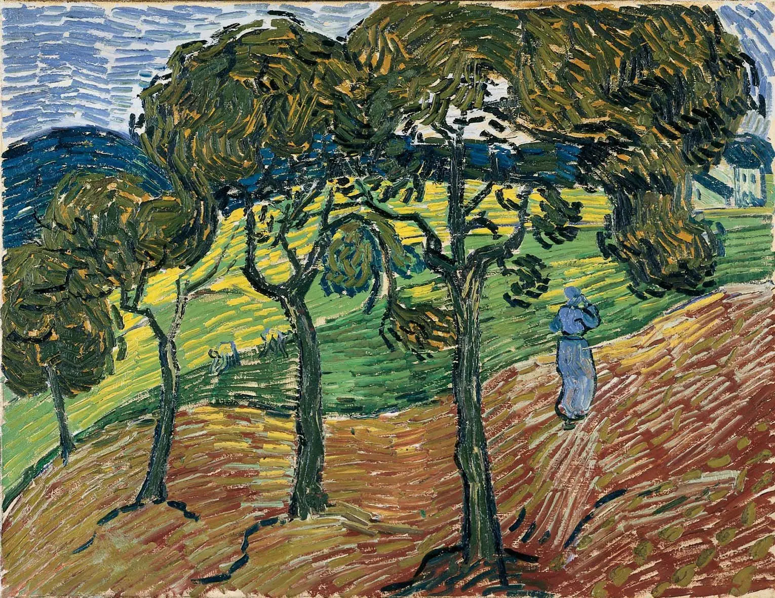 Reproduction du tableau « Paysage avec arbres et personnages - Vincent van Gogh » par Alpha Reproduction en peinture à l’huile