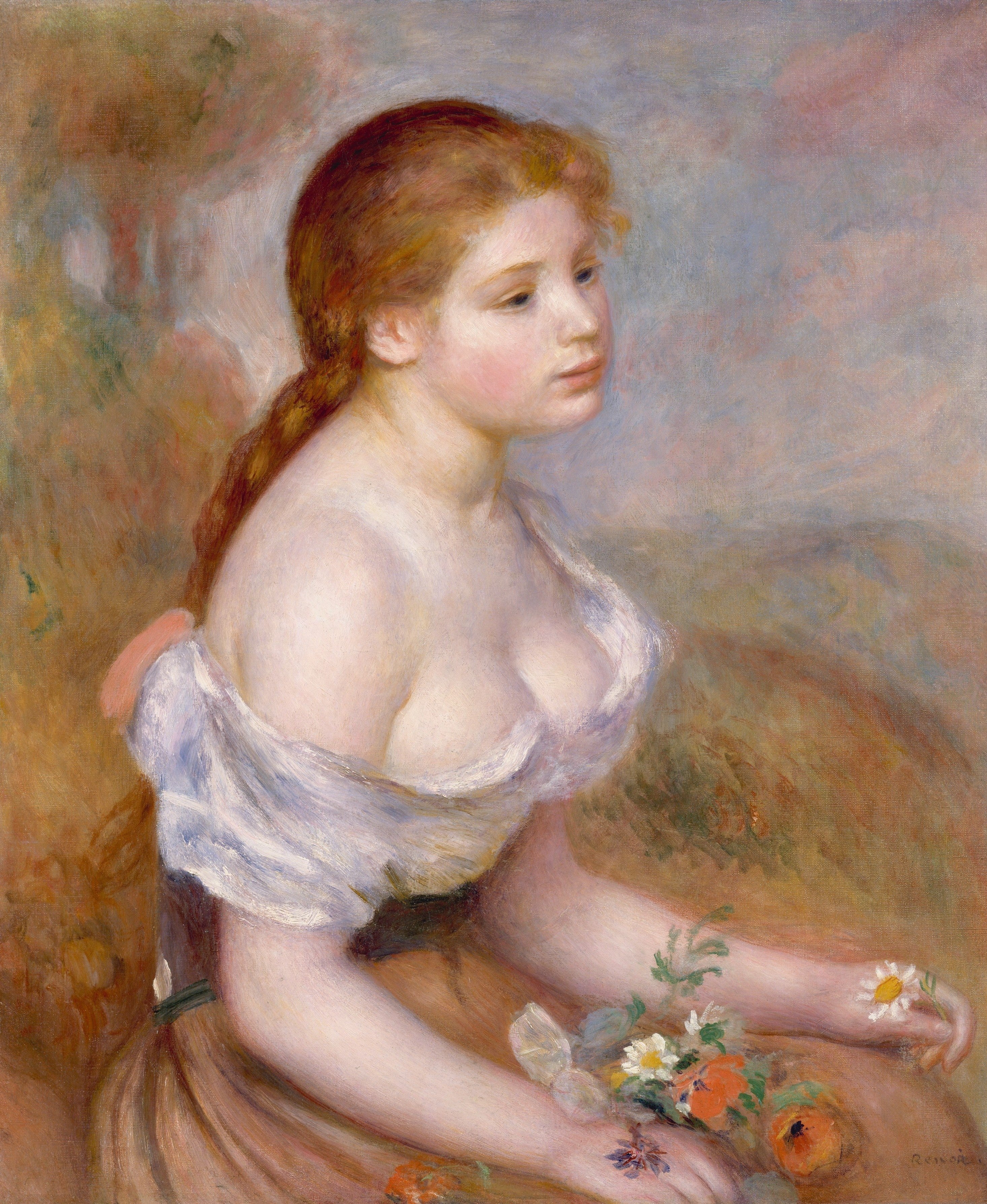 Reproduction du tableau « Jeune fille avec marguerites - Pierre-Auguste Renoir » par Alpha Reproduction en peinture à l’huile
