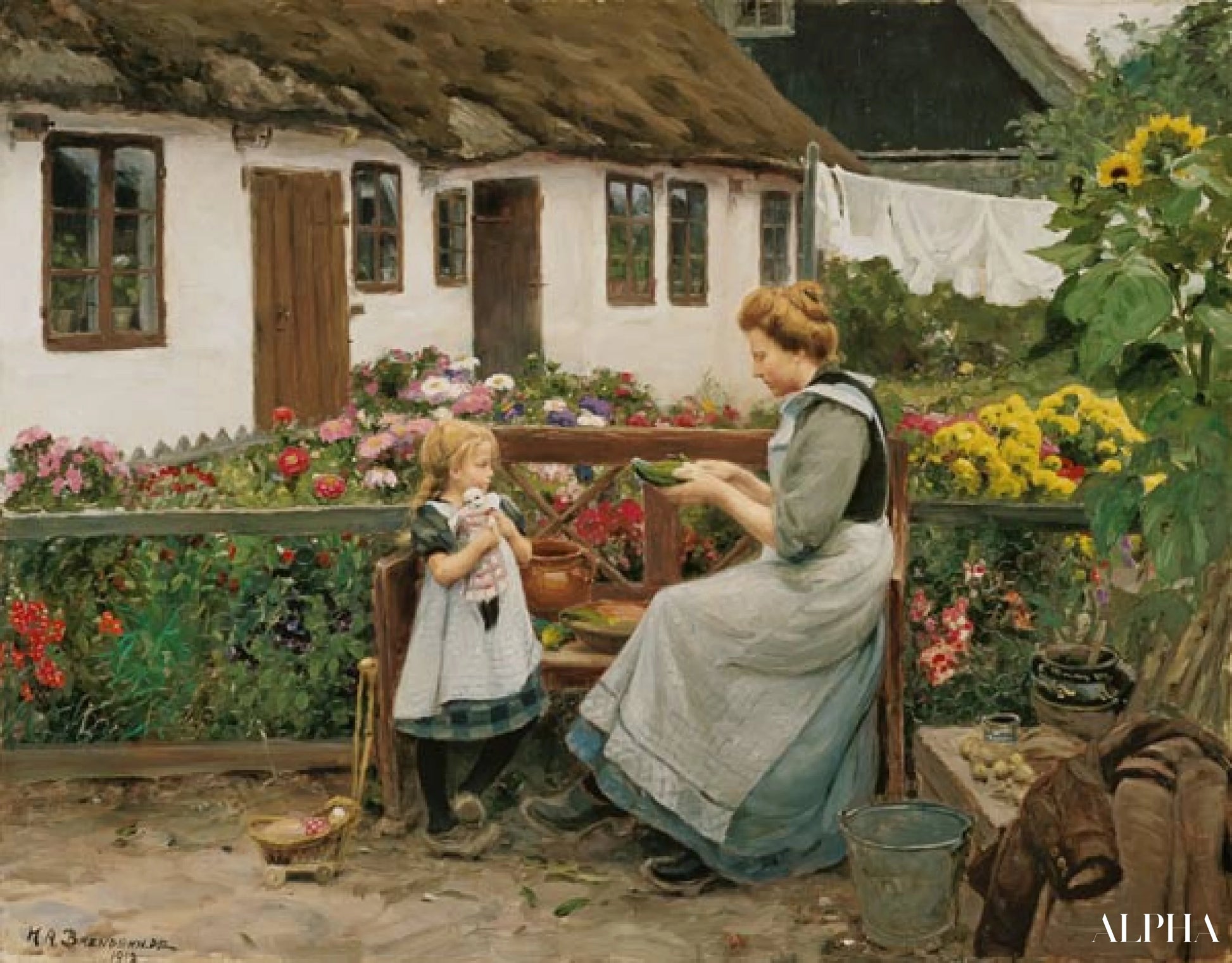 Reproduction du tableau « À la banque du jardin - Hans Andersen Brendekilde » par Alpha Reproduction en peinture à l’huile