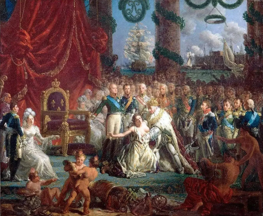 Allégorie du retour des Bourbons le 24 avril 1814 : Louis XVIII relevant la France de ses ruines. - Louis-Philippe Crépin