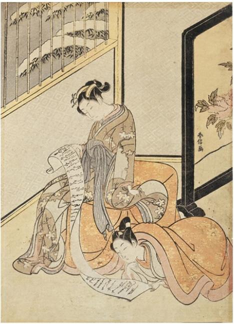 Amants lisant une lettre sous la neige, estampe de Suzuki Harunobu