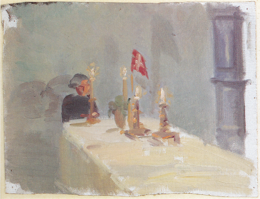 Anniversaire. Une femme au bout d’une table avec des bougies et un drapeau. - Anna Ancher - Alpha Reproduction