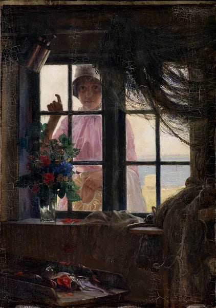Après le bain. Une jeune fille frappe à la fenêtre du pêcheur. - Carl Heinrich Bloch