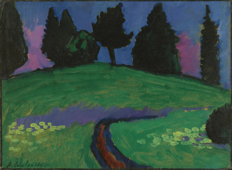 Arbres sombres sur une pente verte - Alexej von Jawlensky