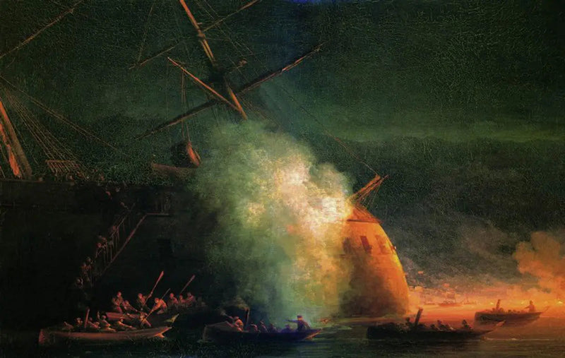 Attaque de mine par des bateaux du paquebot Grand-Duc Konstantin du cuirassé turc Assari-Shevket sur la rade de Soukhoum le 12 août 1877 - Ivan Aïvazovski