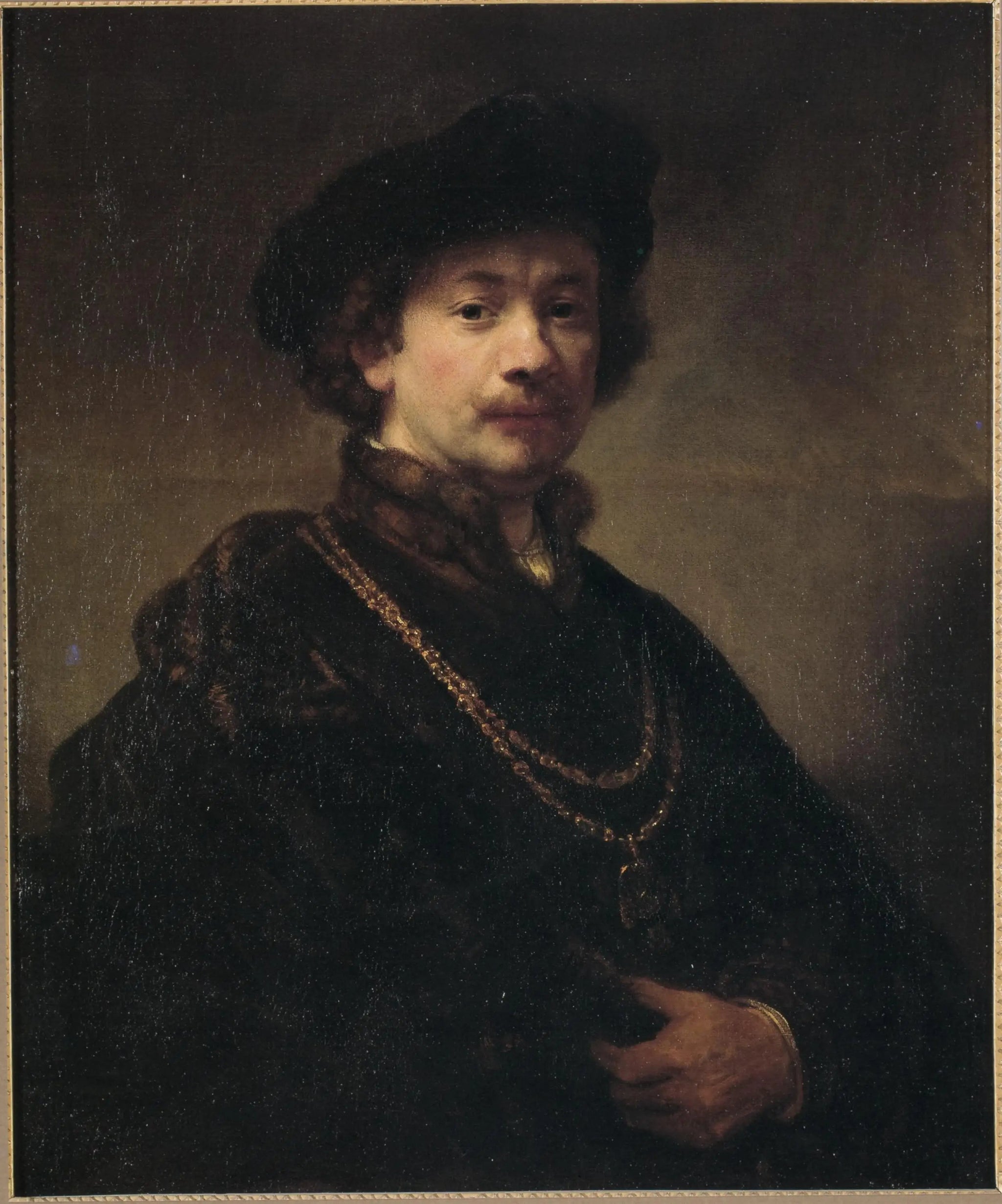 Autoportrait avec un béret, une chaîne en or et une médaille - Rembrandt image 1 reproduction d’œuvre d’art à l’huile