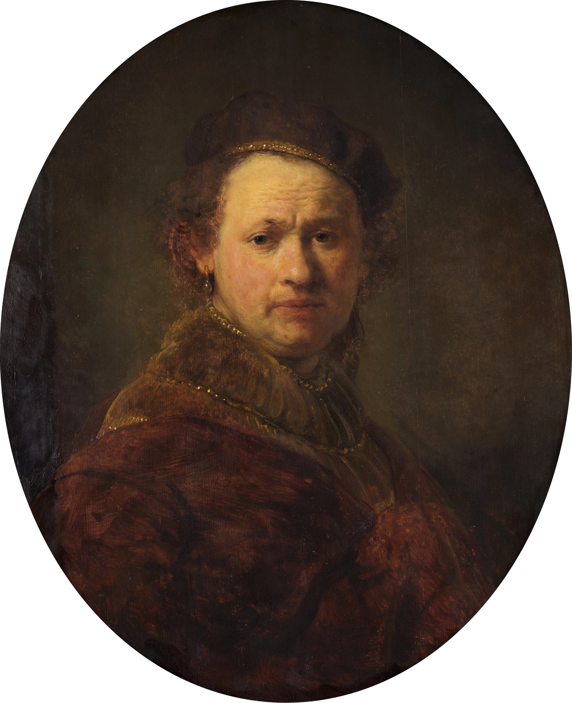 Autoportrait au béret et au manteau rouge — Rembrandt, vers 1645–1648, Staatliche Kunsthalle Karlsruhe