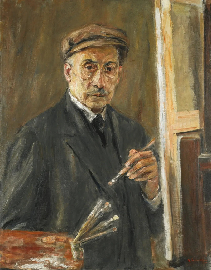 autoportrait portant un manteau à l'aide d'un pinceau et palette - Max Liebermann