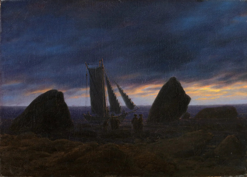 Bateau de pêche entre deux rochers sur la plage de la mer Baltique - Caspar David Friedrich