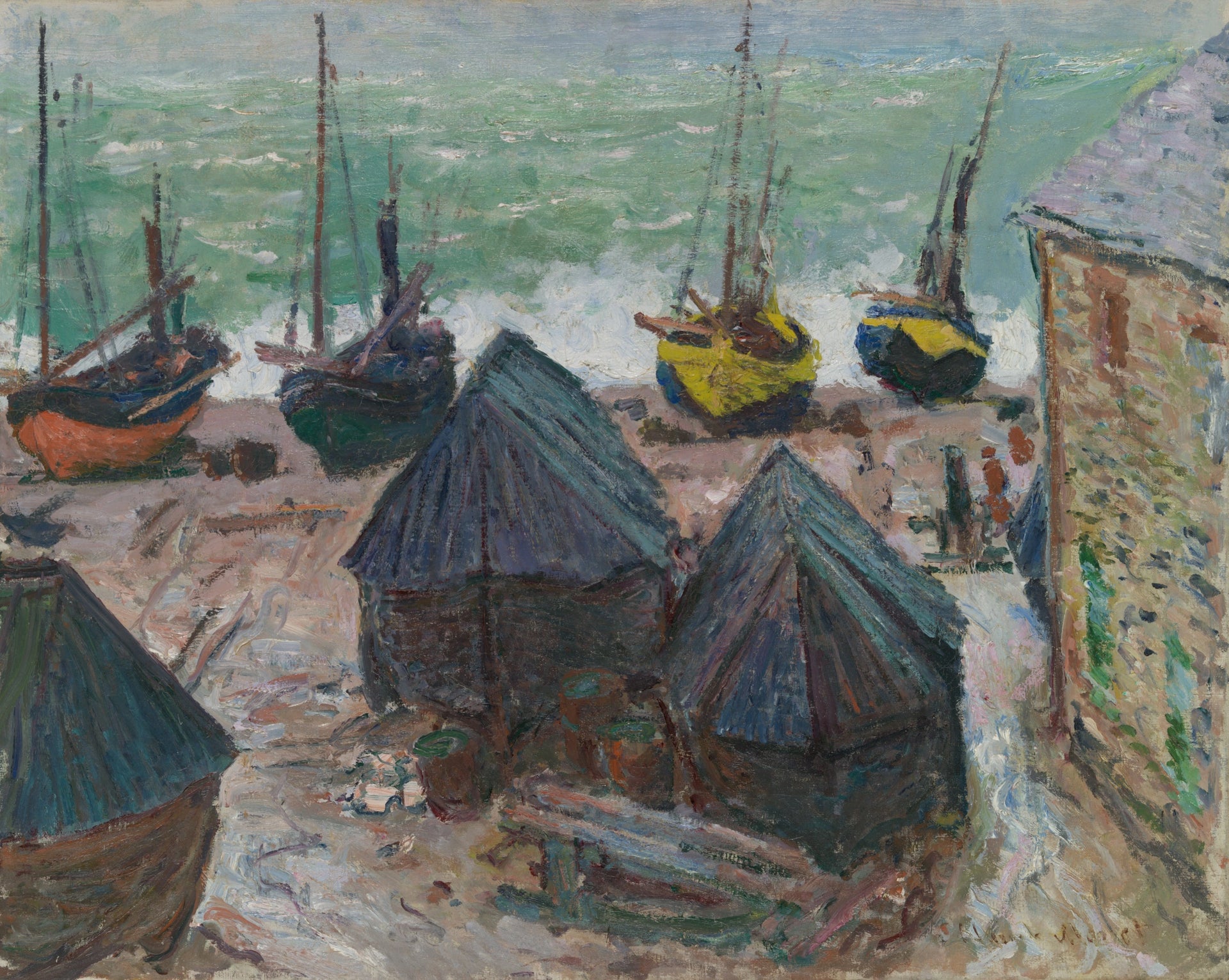 Bateaux sur la plage à Étretat W1024 par Claude Monet, Art Institute of Chicago