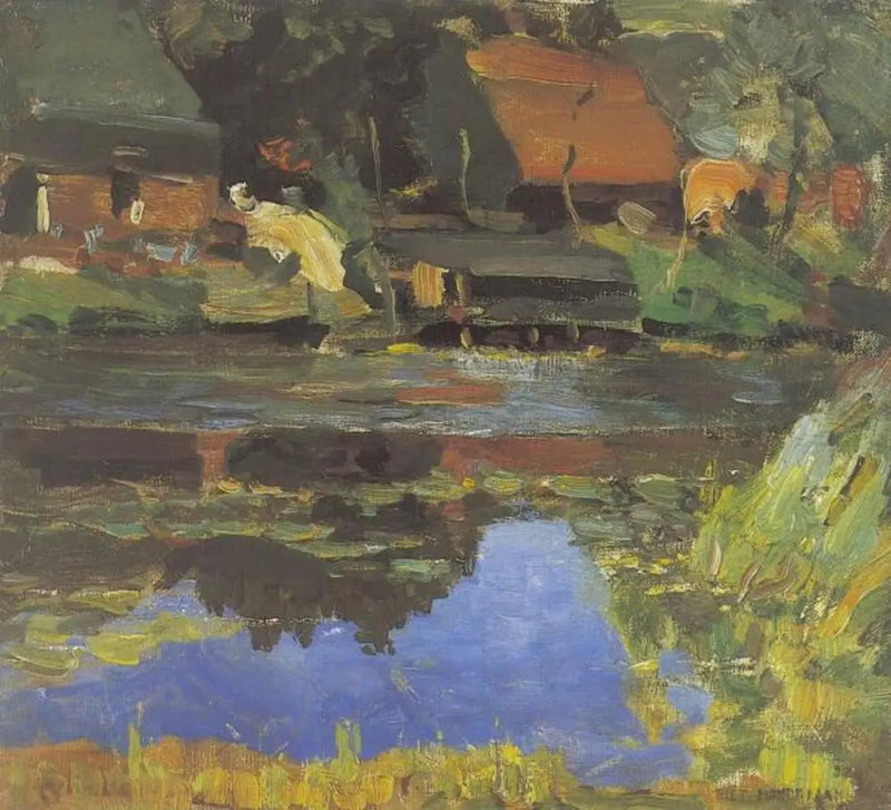 Bâtiments au bord de l'eau avec un lavoir - Piet Mondrian