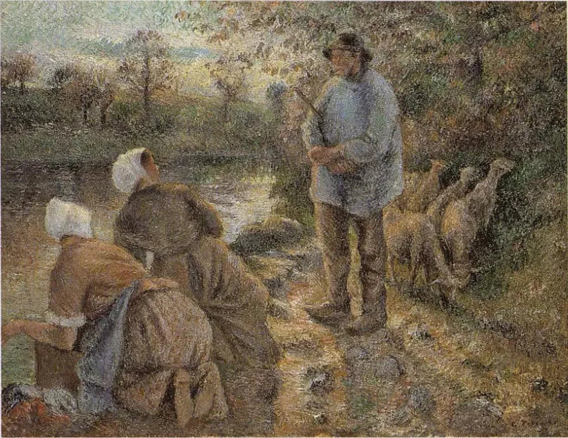 Berger et laveuses à Montfoucault - Camille Pissarro image 1 copie peinte à la main à l’huile