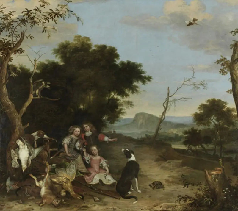 Bildnis von drei Kindern in einer Landschaft mit Jagdbeute - Melchior de Hondecoeter