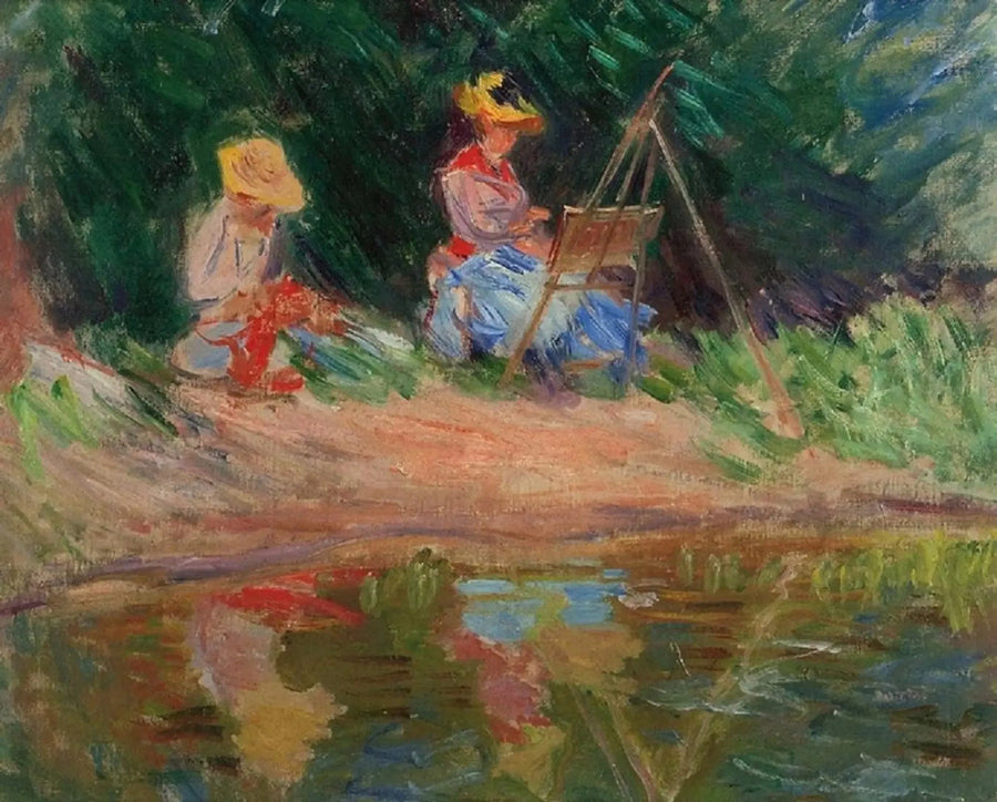Blanche Monet peignant avec sa soeur Suzanne au bord de l'eau - Claude Monet