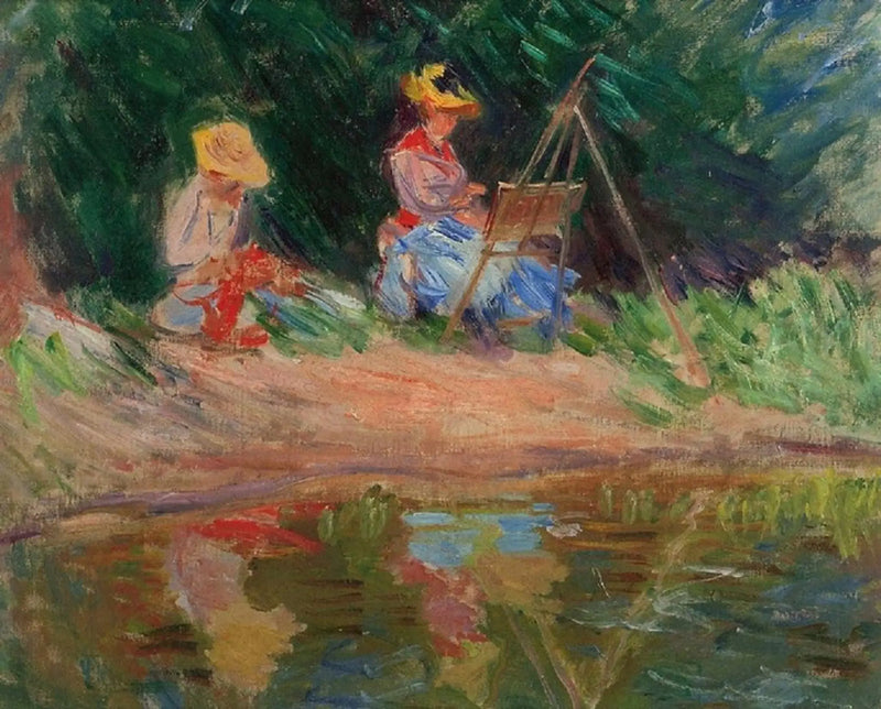 Blanche Monet peignant avec sa soeur Suzanne au bord de l'eau - Claude Monet