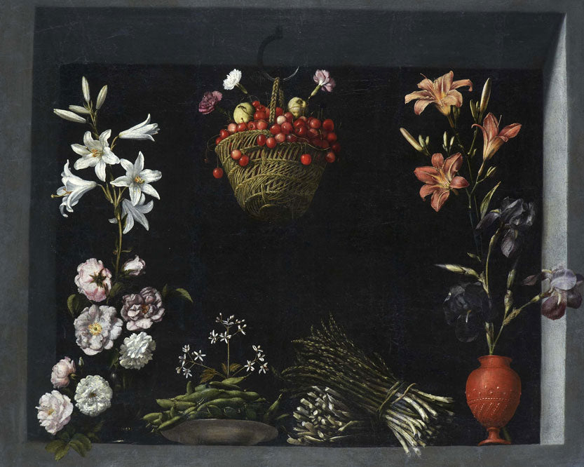 Bodegon flores hortalizas cesto cerezas - Juan Sánchez Cotán image 1 reproduction artisanale de tableau