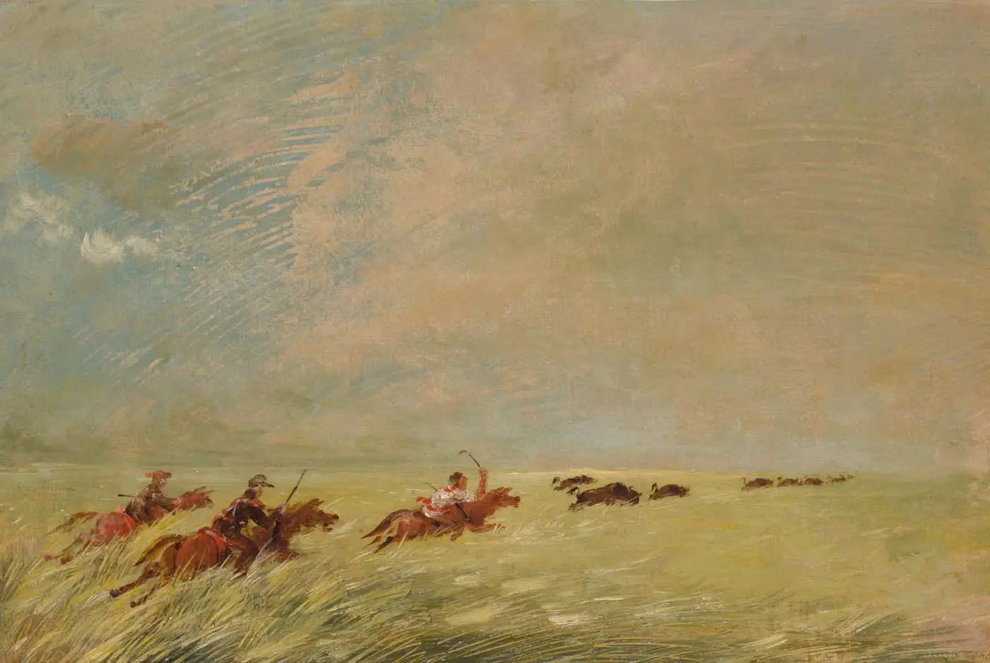 Bogard, Batiste et moi chassant le bison dans les hautes herbes sur un fond du Missouri - George Catlin image 1 reproduction de peinture à l’huile