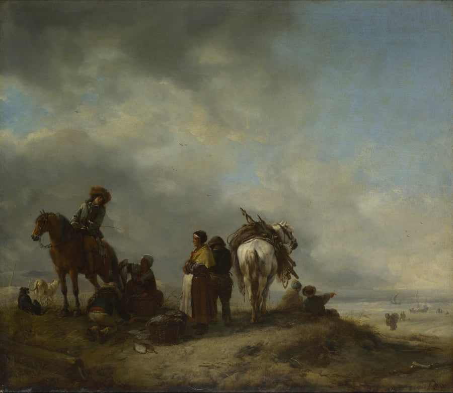 Bord de mer avec Fishwives offrant du poisson - Philips Wouwerman