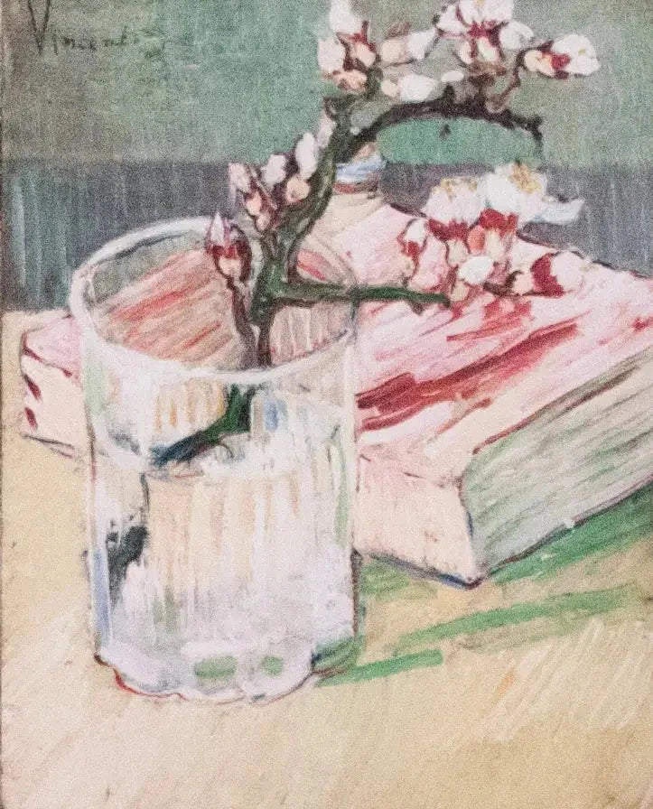 Branche d’amandier, verre et livre, F393 – Van Gogh