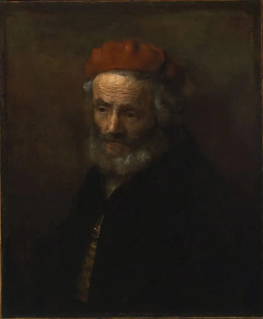 Buste d'un vieil homme portant un chapeau rouge - Rembrandt