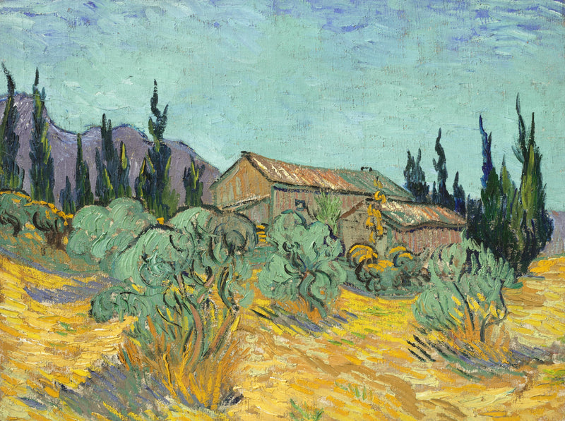 Cabanes de bois parmi les oliviers et cyprès – Van Gogh