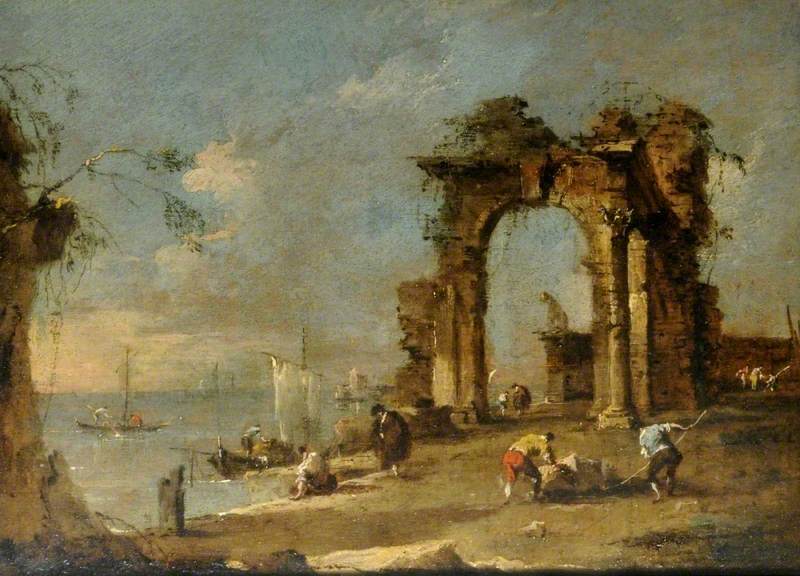 Capriccio avec une arche en ruine au bord d'une lagune - Francesco Guardi