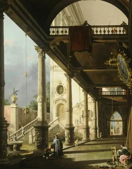 Capriccio : Une colonnade ouvrant sur la cour d'un palais - Canaletto