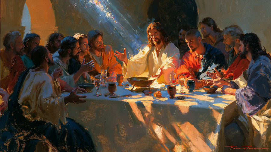 Le Christ vêtu de blanc au centre d’une Cène traversée par un faisceau diagonal, avec ombres bleues et vêtements orange