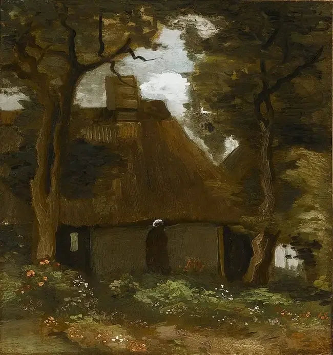 Chalet avec arbres et paysanne - Vincent van Gogh