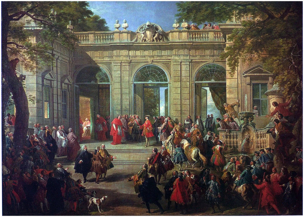 Charles de Bourbon visitant le Pape Benoît XIV au Café du Quirinal - Giovanni Paolo Panini image 1 reproduction d’œuvre d’art à l’huile