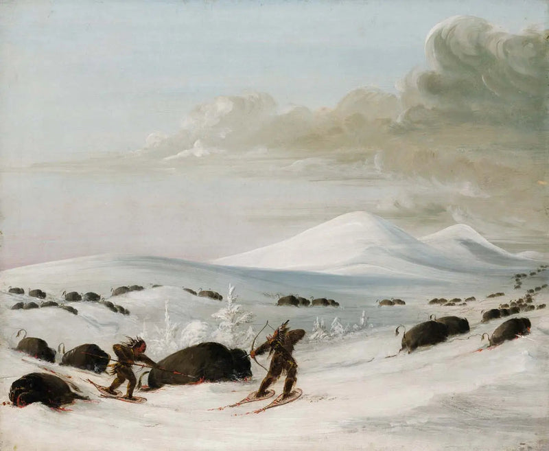 Chasse au bison dans les congères, poursuite par des Indiens en raquettes - George Catlin