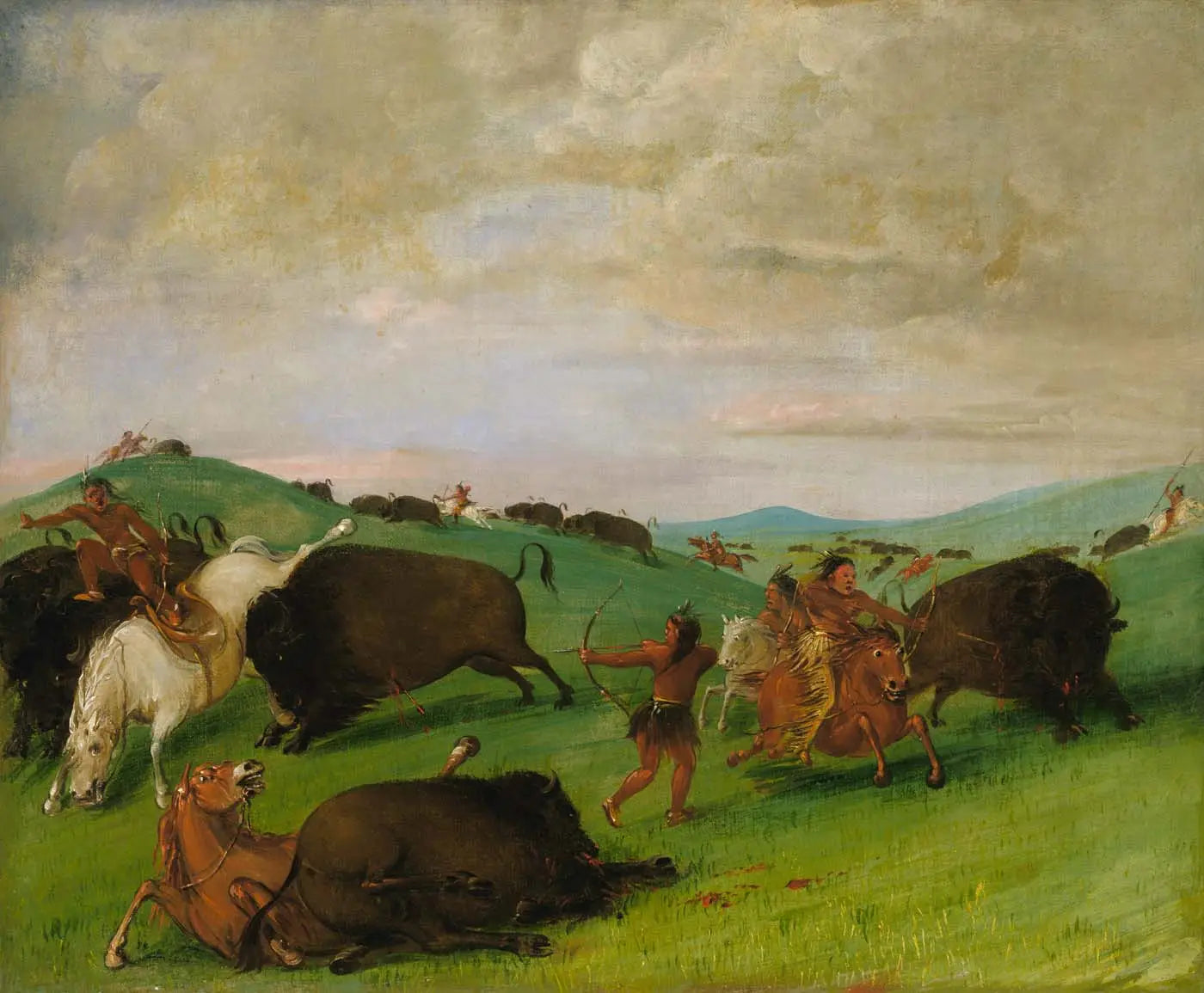 Chasse au bison taureaux se battant avec hommes et chevaux - George Catlin - Alpha Reproduction