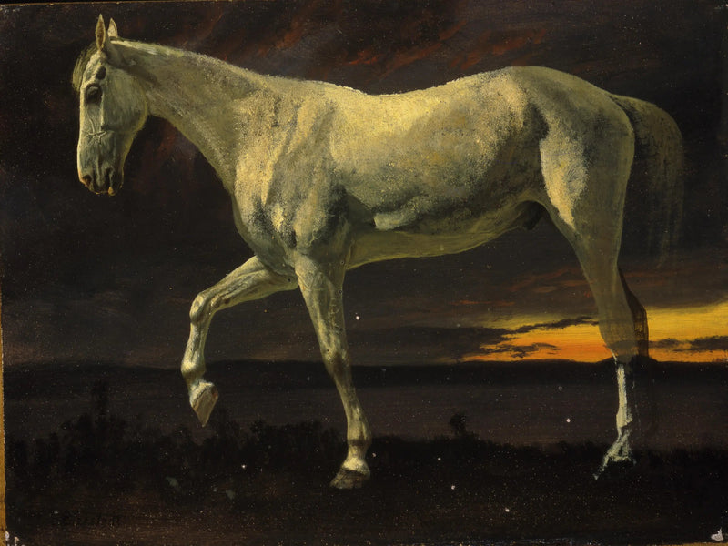 Cheval blanc et coucher de soleil - Albert Bierstadt