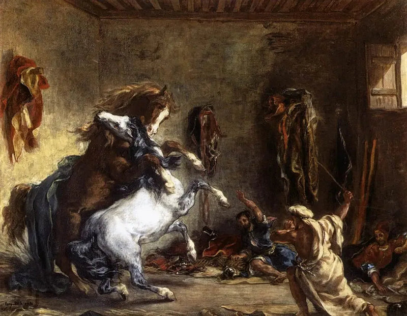 Chevaux arabes se battant dans une écurie - Eugène Delacroix