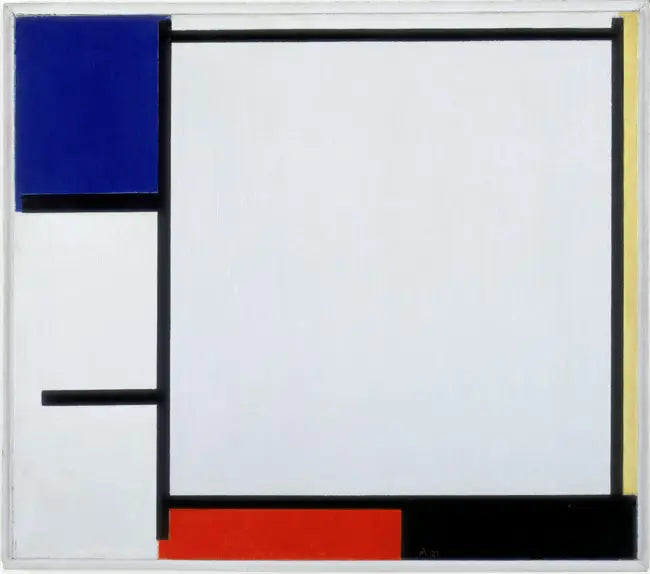 Reproduction du tableau « Composition avec du bleu, du jaune, du rouge, du noir et du gris - Piet Mondrian » par Alpha Reproduction en peinture à l’huile