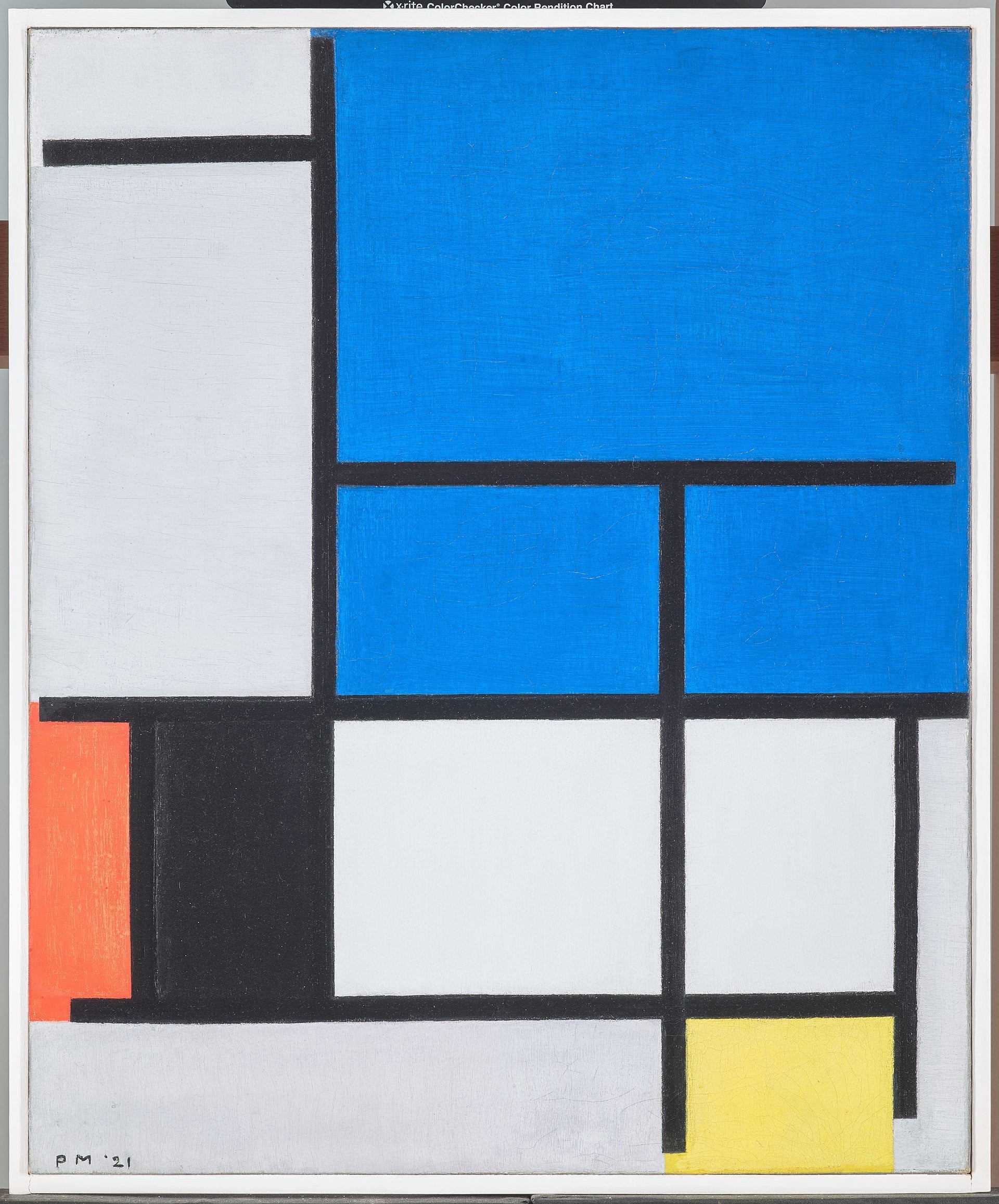 Composition avec un grand avion bleu, rouge, noir, jaune et gris - Piet Mondrian