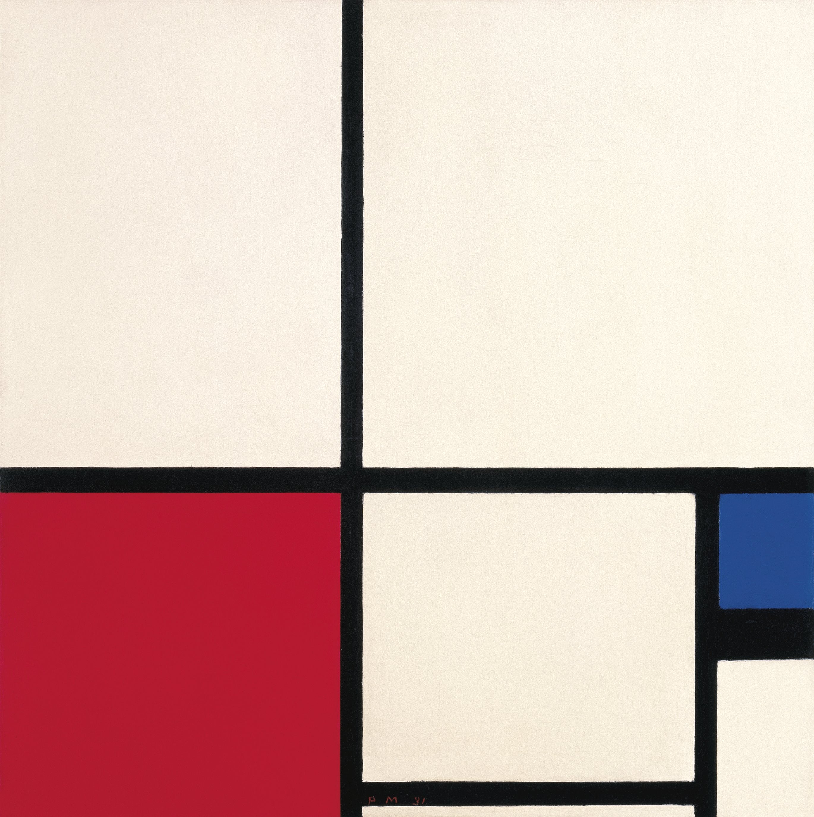 Reproduction du tableau « Composition en couleurs / Composition n° I avec du rouge et du bleu - Piet Mondrian » par Alpha Reproduction en peinture à l’huile