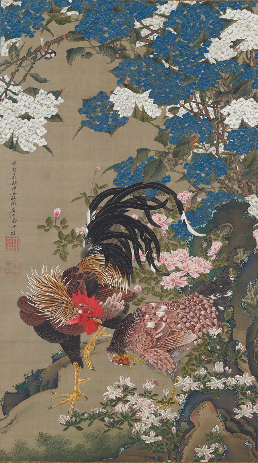 Coq et poule parmi les hortensias, Itō Jakuchū, 1759