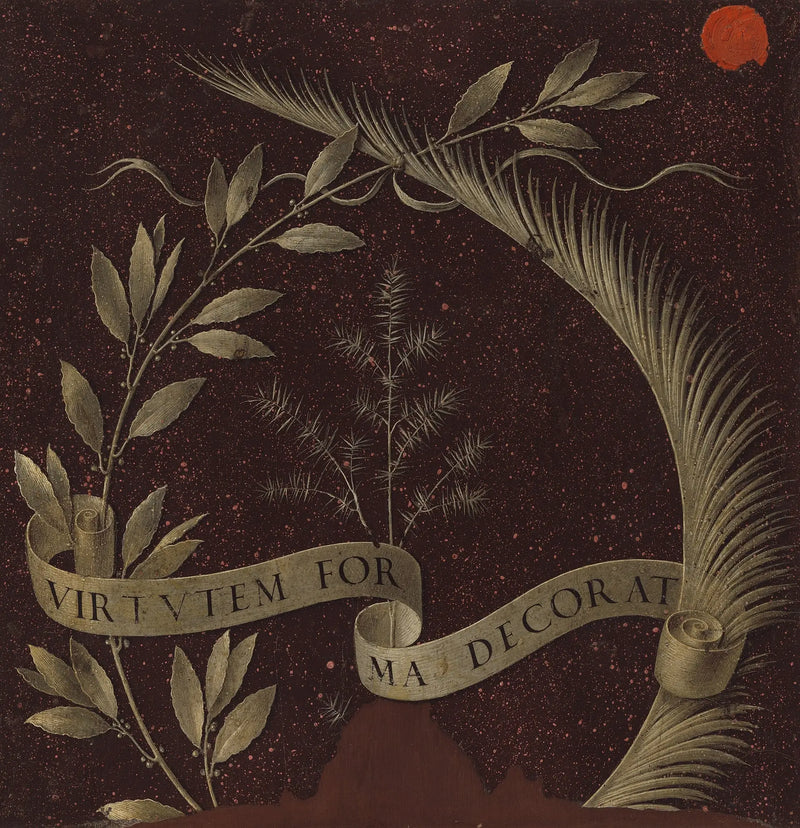 Couronne de laurier, de palmier et de genévrier avec un parchemin portant l'inscription Virtutem Forma Decorat [revers] - Léonard de Vinci