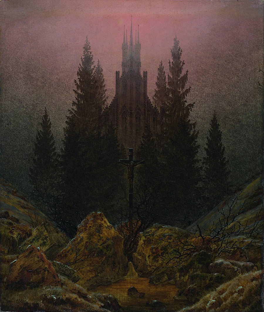 Croix et cathédrale dans la montagne - Caspar David Friedrich